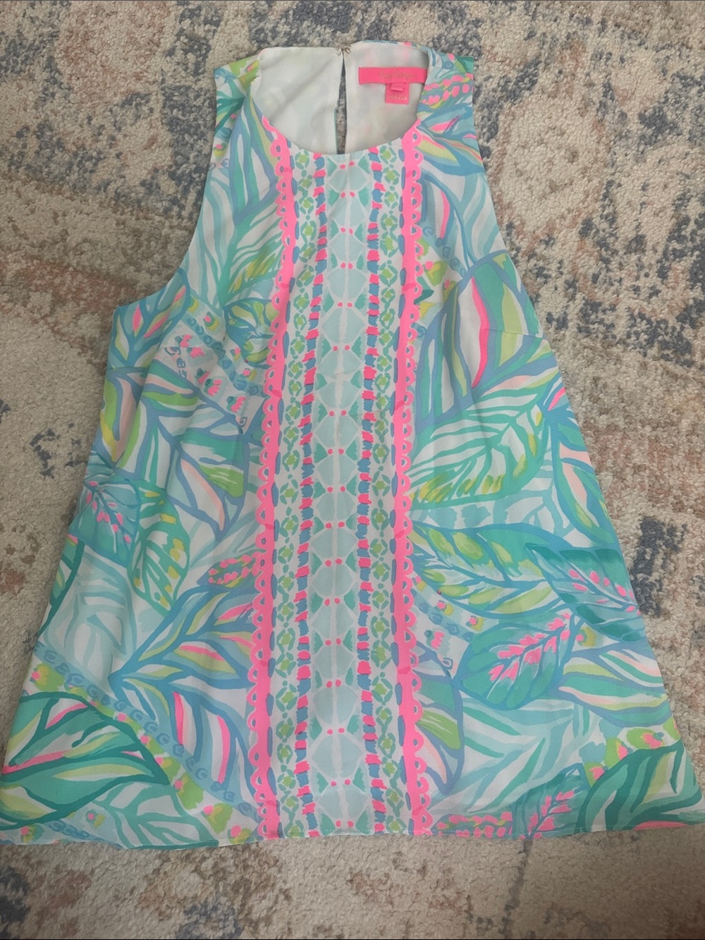 Sleeveless Tropical Print Shift Dress with Pink Trim
